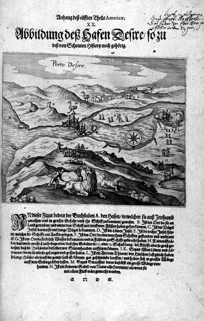 An illustration from Appendix dess eilfften Theils Americae, das ist: Warhafftige Beschreibung der wunderbahren Schifffahrt : so Georgius von Spielbergen ... durch die Magellanische Strasse, vnd in der Suder See, vom Iahr 1614 biss in das 1618. Iahr verrichtet, 1620, leaf 64