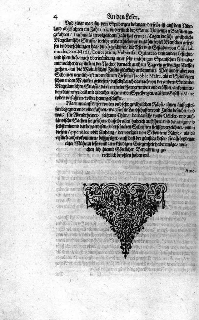 An illustration from Appendix dess eilfften Theils Americae, das ist: Warhafftige Beschreibung der wunderbahren Schifffahrt : so Georgius von Spielbergen ... durch die Magellanische Strasse, vnd in der Suder See, vom Iahr 1614 biss in das 1618. Iahr verrichtet, 1620, leaf 7