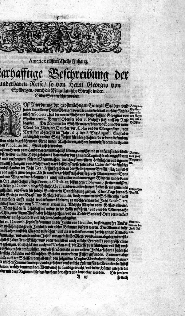 An illustration from Appendix dess eilfften Theils Americae, das ist: Warhafftige Beschreibung der wunderbahren Schifffahrt : so Georgius von Spielbergen ... durch die Magellanische Strasse, vnd in der Suder See, vom Iahr 1614 biss in das 1618. Iahr verrichtet, 1620, leaf 8