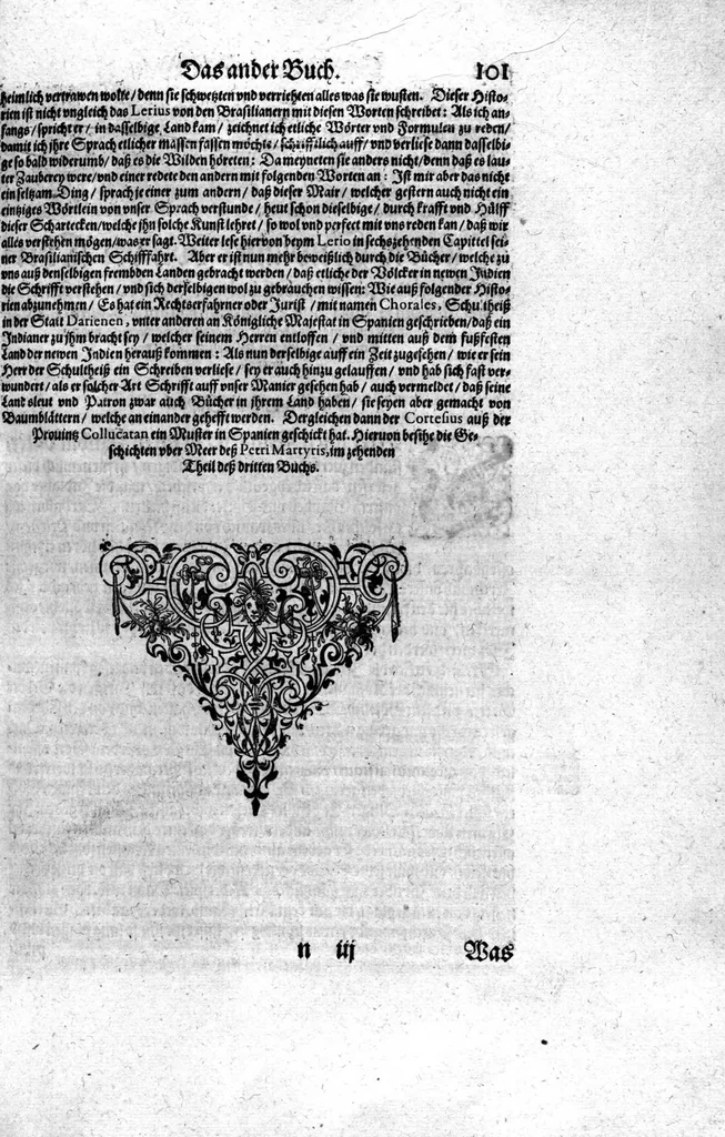 An illustration from Americae das fünffte Buch, vol schöner vnerhörter Historien, auss dem andern Theil Ioannis Benzonis gezogen: von der Spanier Wüten, beyd wider ... die Nigriten, vnnd auch die ... Indianer: wie die Spanier von den frantzösischen Meerräubern ... angriffen vnd geplündert worden ... wie sie erstlich das Neuwe Spanien erfunden haben ... Sampt ... Erklärung der Historien ... Auch einer Landtafel, dess Neuwen Spanien, 1613, leaf 106