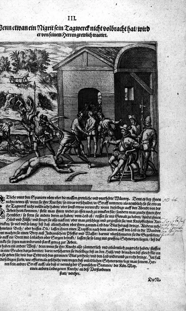 An illustration from Americae das fünffte Buch, vol schöner vnerhörter Historien, auss dem andern Theil Ioannis Benzonis gezogen: von der Spanier Wüten, beyd wider ... die Nigriten, vnnd auch die ... Indianer: wie die Spanier von den frantzösischen Meerräubern ... angriffen vnd geplündert worden ... wie sie erstlich das Neuwe Spanien erfunden haben ... Sampt ... Erklärung der Historien ... Auch einer Landtafel, dess Neuwen Spanien, 1613, leaf 126