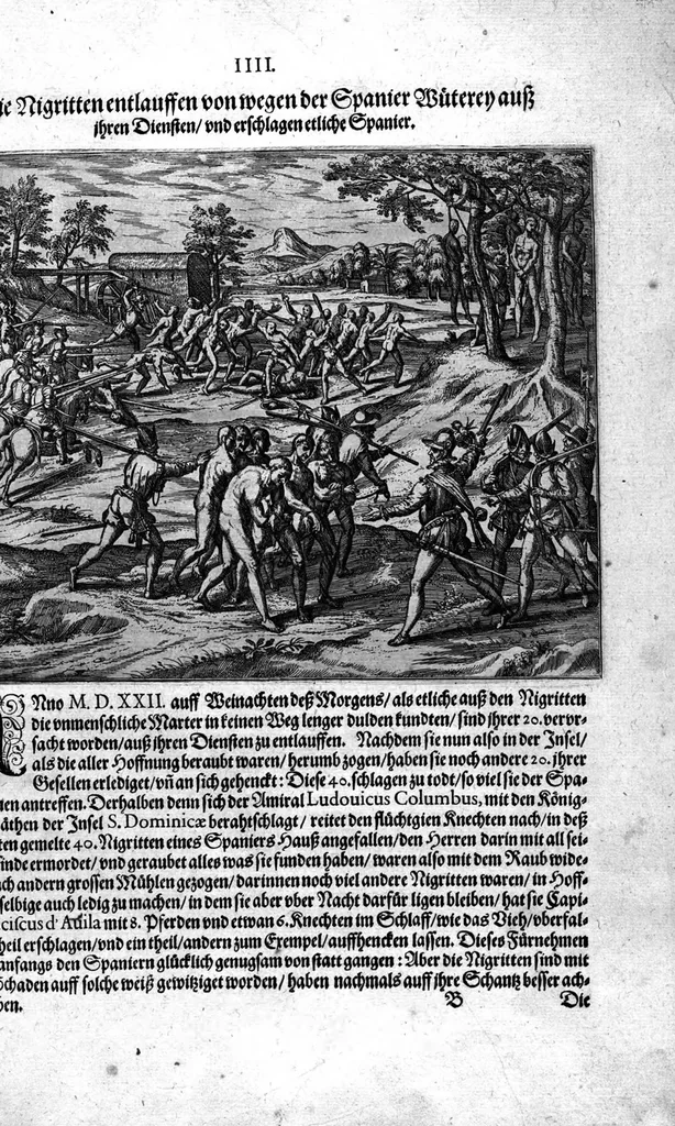 An illustration from Americae das fünffte Buch, vol schöner vnerhörter Historien, auss dem andern Theil Ioannis Benzonis gezogen: von der Spanier Wüten, beyd wider ... die Nigriten, vnnd auch die ... Indianer: wie die Spanier von den frantzösischen Meerräubern ... angriffen vnd geplündert worden ... wie sie erstlich das Neuwe Spanien erfunden haben ... Sampt ... Erklärung der Historien ... Auch einer Landtafel, dess Neuwen Spanien, 1613, leaf 127