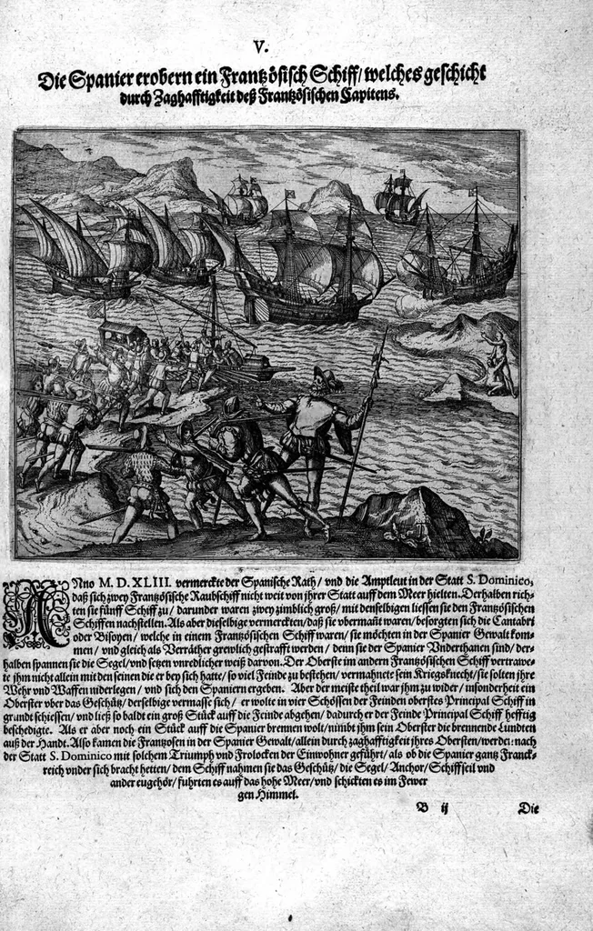 An illustration from Americae das fünffte Buch, vol schöner vnerhörter Historien, auss dem andern Theil Ioannis Benzonis gezogen: von der Spanier Wüten, beyd wider ... die Nigriten, vnnd auch die ... Indianer: wie die Spanier von den frantzösischen Meerräubern ... angriffen vnd geplündert worden ... wie sie erstlich das Neuwe Spanien erfunden haben ... Sampt ... Erklärung der Historien ... Auch einer Landtafel, dess Neuwen Spanien, 1613, leaf 128