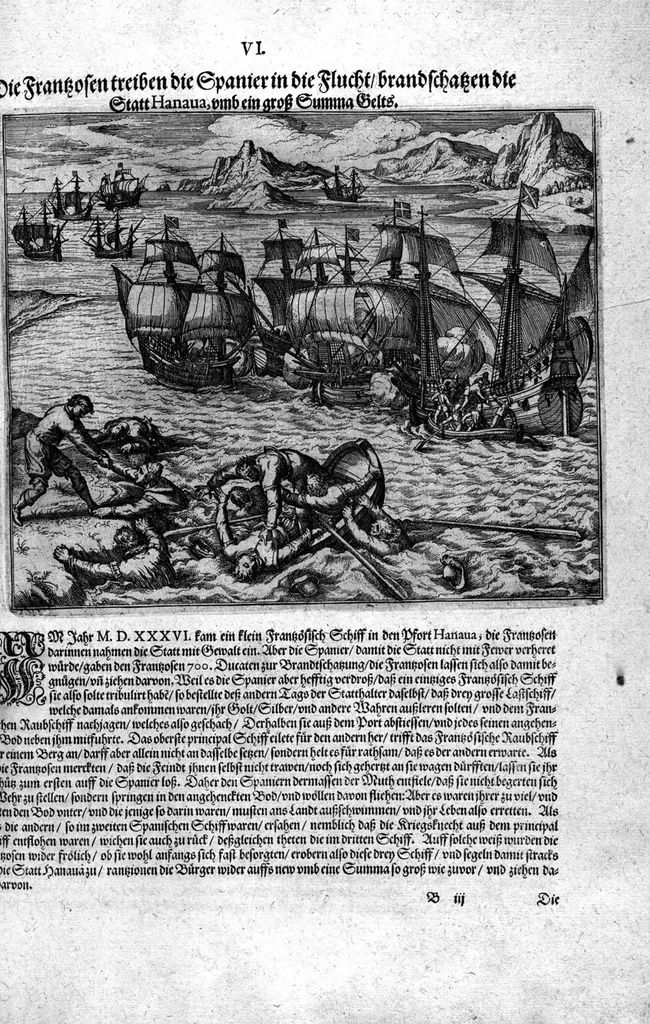 An illustration from Americae das fünffte Buch, vol schöner vnerhörter Historien, auss dem andern Theil Ioannis Benzonis gezogen: von der Spanier Wüten, beyd wider ... die Nigriten, vnnd auch die ... Indianer: wie die Spanier von den frantzösischen Meerräubern ... angriffen vnd geplündert worden ... wie sie erstlich das Neuwe Spanien erfunden haben ... Sampt ... Erklärung der Historien ... Auch einer Landtafel, dess Neuwen Spanien, 1613, leaf 129