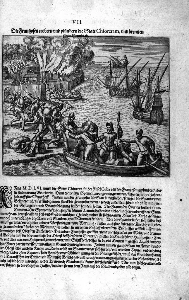 An illustration from Americae das fünffte Buch, vol schöner vnerhörter Historien, auss dem andern Theil Ioannis Benzonis gezogen: von der Spanier Wüten, beyd wider ... die Nigriten, vnnd auch die ... Indianer: wie die Spanier von den frantzösischen Meerräubern ... angriffen vnd geplündert worden ... wie sie erstlich das Neuwe Spanien erfunden haben ... Sampt ... Erklärung der Historien ... Auch einer Landtafel, dess Neuwen Spanien, 1613, leaf 130