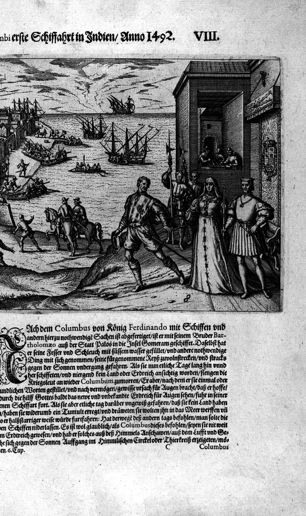 An illustration from Americae das fünffte Buch, vol schöner vnerhörter Historien, auss dem andern Theil Ioannis Benzonis gezogen: von der Spanier Wüten, beyd wider ... die Nigriten, vnnd auch die ... Indianer: wie die Spanier von den frantzösischen Meerräubern ... angriffen vnd geplündert worden ... wie sie erstlich das Neuwe Spanien erfunden haben ... Sampt ... Erklärung der Historien ... Auch einer Landtafel, dess Neuwen Spanien, 1613, leaf 131