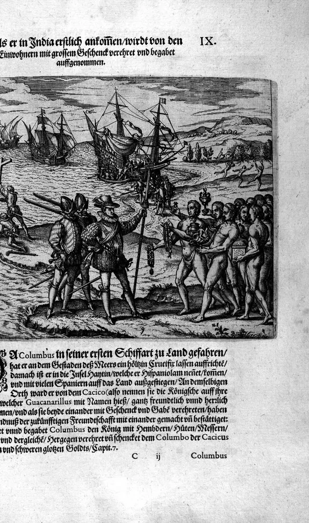 An illustration from Americae das fünffte Buch, vol schöner vnerhörter Historien, auss dem andern Theil Ioannis Benzonis gezogen: von der Spanier Wüten, beyd wider ... die Nigriten, vnnd auch die ... Indianer: wie die Spanier von den frantzösischen Meerräubern ... angriffen vnd geplündert worden ... wie sie erstlich das Neuwe Spanien erfunden haben ... Sampt ... Erklärung der Historien ... Auch einer Landtafel, dess Neuwen Spanien, 1613, leaf 132