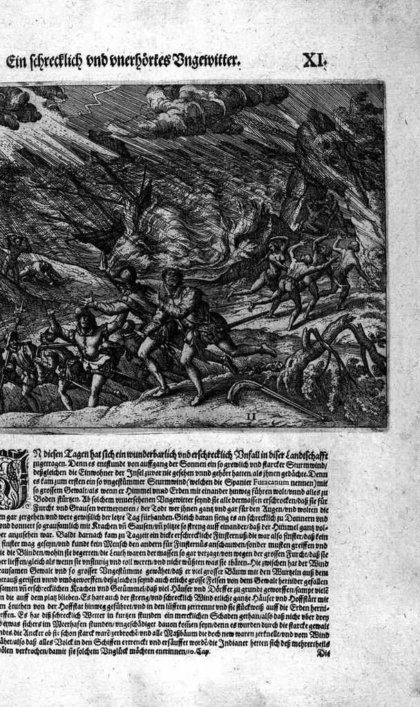 An illustration from Americae das fünffte Buch, vol schöner vnerhörter Historien, auss dem andern Theil Ioannis Benzonis gezogen: von der Spanier Wüten, beyd wider ... die Nigriten, vnnd auch die ... Indianer: wie die Spanier von den frantzösischen Meerräubern ... angriffen vnd geplündert worden ... wie sie erstlich das Neuwe Spanien erfunden haben ... Sampt ... Erklärung der Historien ... Auch einer Landtafel, dess Neuwen Spanien, 1613, leaf 134