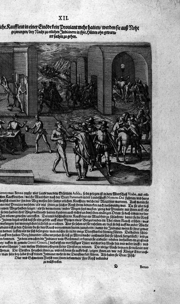 An illustration from Americae das fünffte Buch, vol schöner vnerhörter Historien, auss dem andern Theil Ioannis Benzonis gezogen: von der Spanier Wüten, beyd wider ... die Nigriten, vnnd auch die ... Indianer: wie die Spanier von den frantzösischen Meerräubern ... angriffen vnd geplündert worden ... wie sie erstlich das Neuwe Spanien erfunden haben ... Sampt ... Erklärung der Historien ... Auch einer Landtafel, dess Neuwen Spanien, 1613, leaf 135