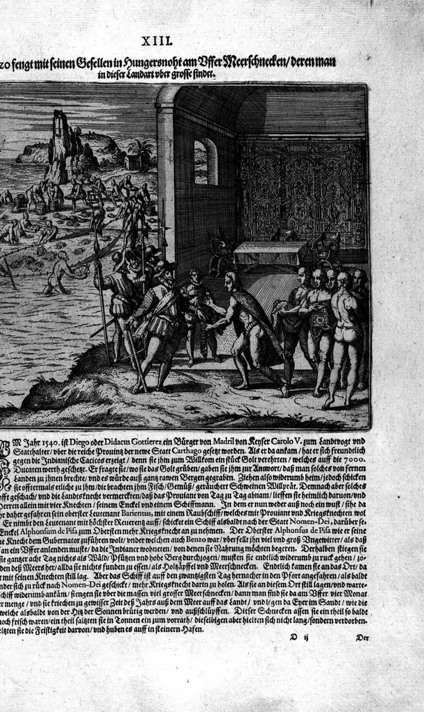 An illustration from Americae das fünffte Buch, vol schöner vnerhörter Historien, auss dem andern Theil Ioannis Benzonis gezogen: von der Spanier Wüten, beyd wider ... die Nigriten, vnnd auch die ... Indianer: wie die Spanier von den frantzösischen Meerräubern ... angriffen vnd geplündert worden ... wie sie erstlich das Neuwe Spanien erfunden haben ... Sampt ... Erklärung der Historien ... Auch einer Landtafel, dess Neuwen Spanien, 1613, leaf 136
