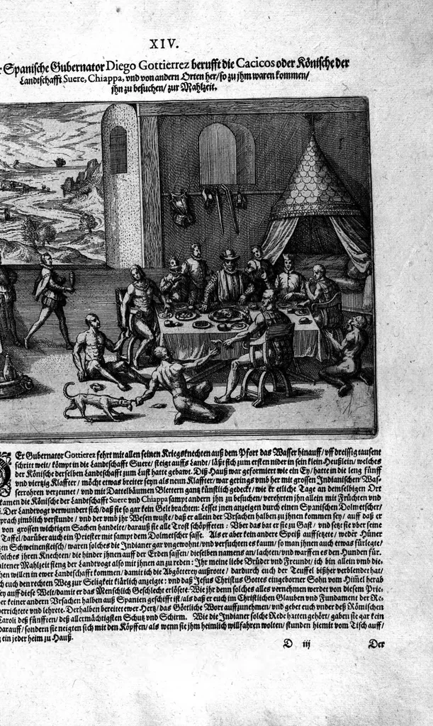 An illustration from Americae das fünffte Buch, vol schöner vnerhörter Historien, auss dem andern Theil Ioannis Benzonis gezogen: von der Spanier Wüten, beyd wider ... die Nigriten, vnnd auch die ... Indianer: wie die Spanier von den frantzösischen Meerräubern ... angriffen vnd geplündert worden ... wie sie erstlich das Neuwe Spanien erfunden haben ... Sampt ... Erklärung der Historien ... Auch einer Landtafel, dess Neuwen Spanien, 1613, leaf 137