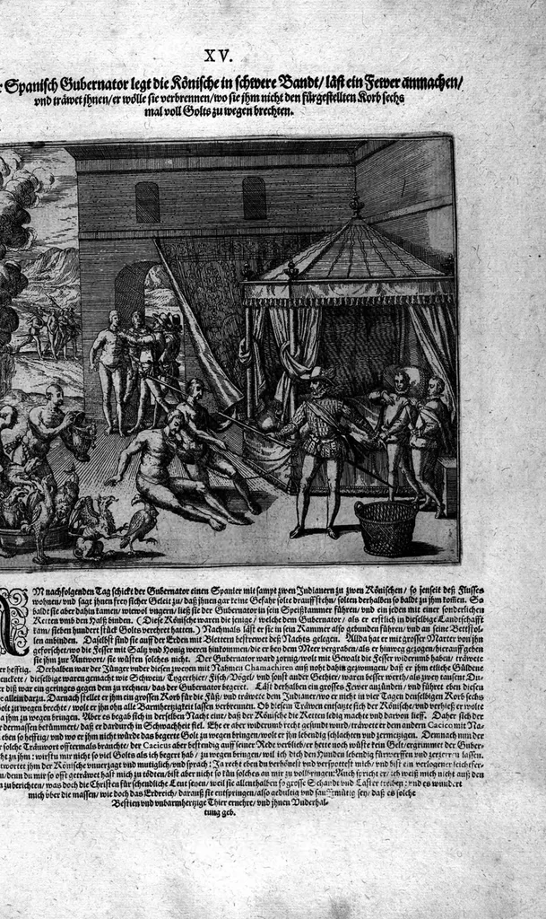 An illustration from Americae das fünffte Buch, vol schöner vnerhörter Historien, auss dem andern Theil Ioannis Benzonis gezogen: von der Spanier Wüten, beyd wider ... die Nigriten, vnnd auch die ... Indianer: wie die Spanier von den frantzösischen Meerräubern ... angriffen vnd geplündert worden ... wie sie erstlich das Neuwe Spanien erfunden haben ... Sampt ... Erklärung der Historien ... Auch einer Landtafel, dess Neuwen Spanien, 1613, leaf 138