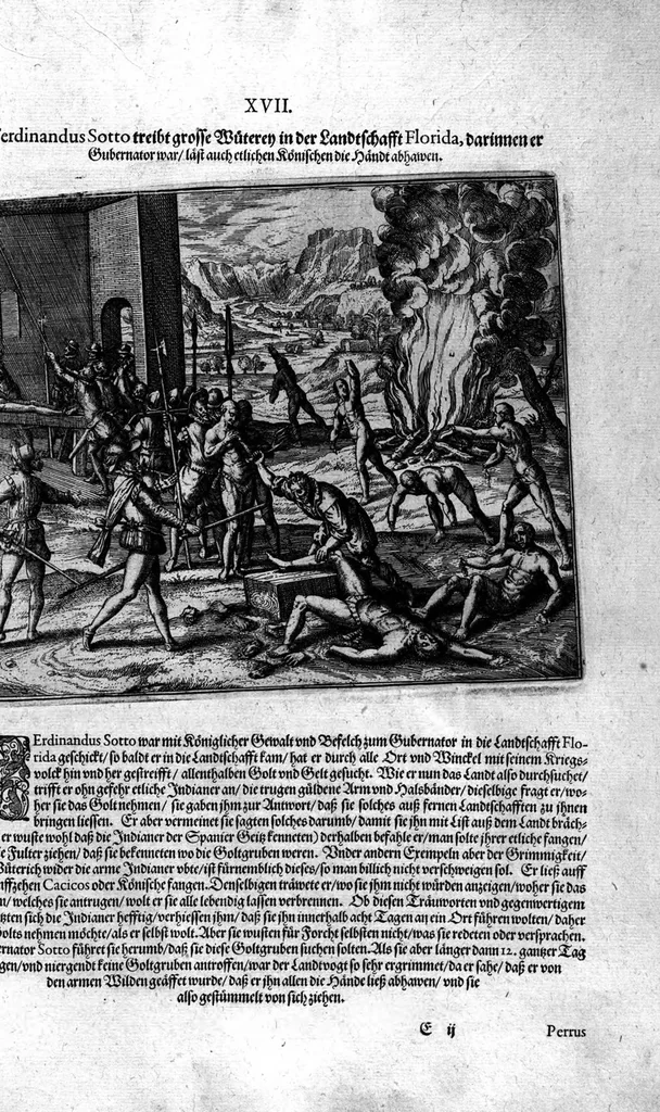 An illustration from Americae das fünffte Buch, vol schöner vnerhörter Historien, auss dem andern Theil Ioannis Benzonis gezogen: von der Spanier Wüten, beyd wider ... die Nigriten, vnnd auch die ... Indianer: wie die Spanier von den frantzösischen Meerräubern ... angriffen vnd geplündert worden ... wie sie erstlich das Neuwe Spanien erfunden haben ... Sampt ... Erklärung der Historien ... Auch einer Landtafel, dess Neuwen Spanien, 1613, leaf 140