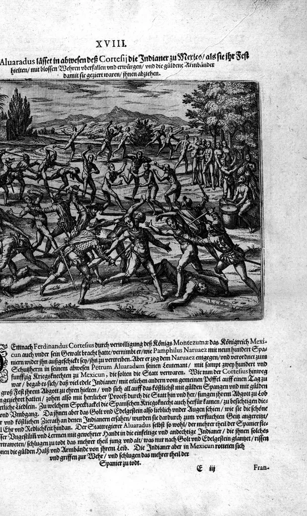 An illustration from Americae das fünffte Buch, vol schöner vnerhörter Historien, auss dem andern Theil Ioannis Benzonis gezogen: von der Spanier Wüten, beyd wider ... die Nigriten, vnnd auch die ... Indianer: wie die Spanier von den frantzösischen Meerräubern ... angriffen vnd geplündert worden ... wie sie erstlich das Neuwe Spanien erfunden haben ... Sampt ... Erklärung der Historien ... Auch einer Landtafel, dess Neuwen Spanien, 1613, leaf 141