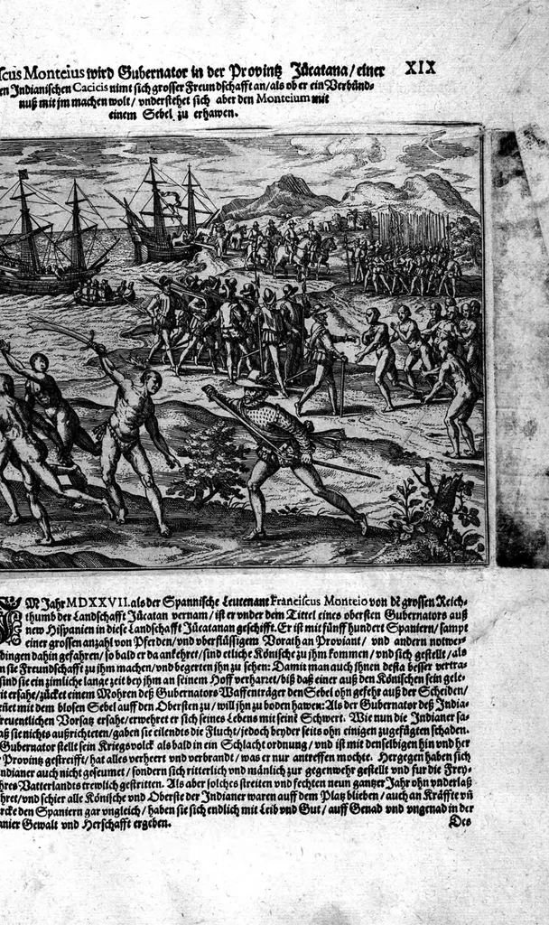 An illustration from Americae das fünffte Buch, vol schöner vnerhörter Historien, auss dem andern Theil Ioannis Benzonis gezogen: von der Spanier Wüten, beyd wider ... die Nigriten, vnnd auch die ... Indianer: wie die Spanier von den frantzösischen Meerräubern ... angriffen vnd geplündert worden ... wie sie erstlich das Neuwe Spanien erfunden haben ... Sampt ... Erklärung der Historien ... Auch einer Landtafel, dess Neuwen Spanien, 1613, leaf 142