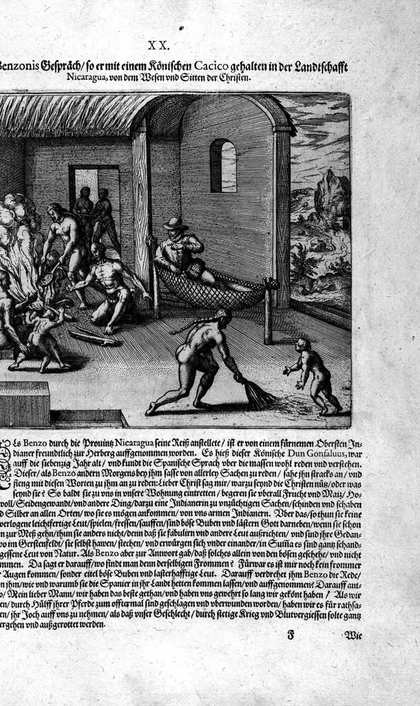 An illustration from Americae das fünffte Buch, vol schöner vnerhörter Historien, auss dem andern Theil Ioannis Benzonis gezogen: von der Spanier Wüten, beyd wider ... die Nigriten, vnnd auch die ... Indianer: wie die Spanier von den frantzösischen Meerräubern ... angriffen vnd geplündert worden ... wie sie erstlich das Neuwe Spanien erfunden haben ... Sampt ... Erklärung der Historien ... Auch einer Landtafel, dess Neuwen Spanien, 1613, leaf 143