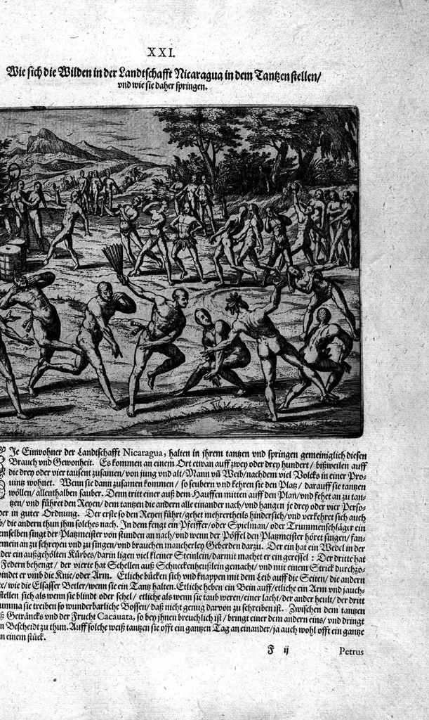An illustration from Americae das fünffte Buch, vol schöner vnerhörter Historien, auss dem andern Theil Ioannis Benzonis gezogen: von der Spanier Wüten, beyd wider ... die Nigriten, vnnd auch die ... Indianer: wie die Spanier von den frantzösischen Meerräubern ... angriffen vnd geplündert worden ... wie sie erstlich das Neuwe Spanien erfunden haben ... Sampt ... Erklärung der Historien ... Auch einer Landtafel, dess Neuwen Spanien, 1613, leaf 144