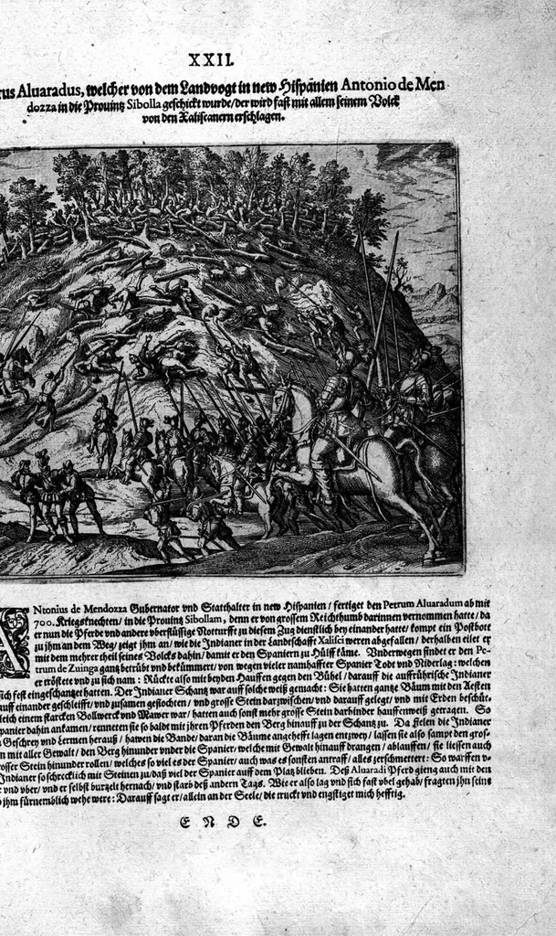 An illustration from Americae das fünffte Buch, vol schöner vnerhörter Historien, auss dem andern Theil Ioannis Benzonis gezogen: von der Spanier Wüten, beyd wider ... die Nigriten, vnnd auch die ... Indianer: wie die Spanier von den frantzösischen Meerräubern ... angriffen vnd geplündert worden ... wie sie erstlich das Neuwe Spanien erfunden haben ... Sampt ... Erklärung der Historien ... Auch einer Landtafel, dess Neuwen Spanien, 1613, leaf 145
