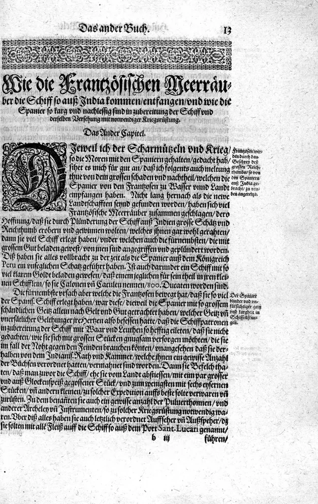 An illustration from Americae das fünffte Buch, vol schöner vnerhörter Historien, auss dem andern Theil Ioannis Benzonis gezogen: von der Spanier Wüten, beyd wider ... die Nigriten, vnnd auch die ... Indianer: wie die Spanier von den frantzösischen Meerräubern ... angriffen vnd geplündert worden ... wie sie erstlich das Neuwe Spanien erfunden haben ... Sampt ... Erklärung der Historien ... Auch einer Landtafel, dess Neuwen Spanien, 1613, leaf 18