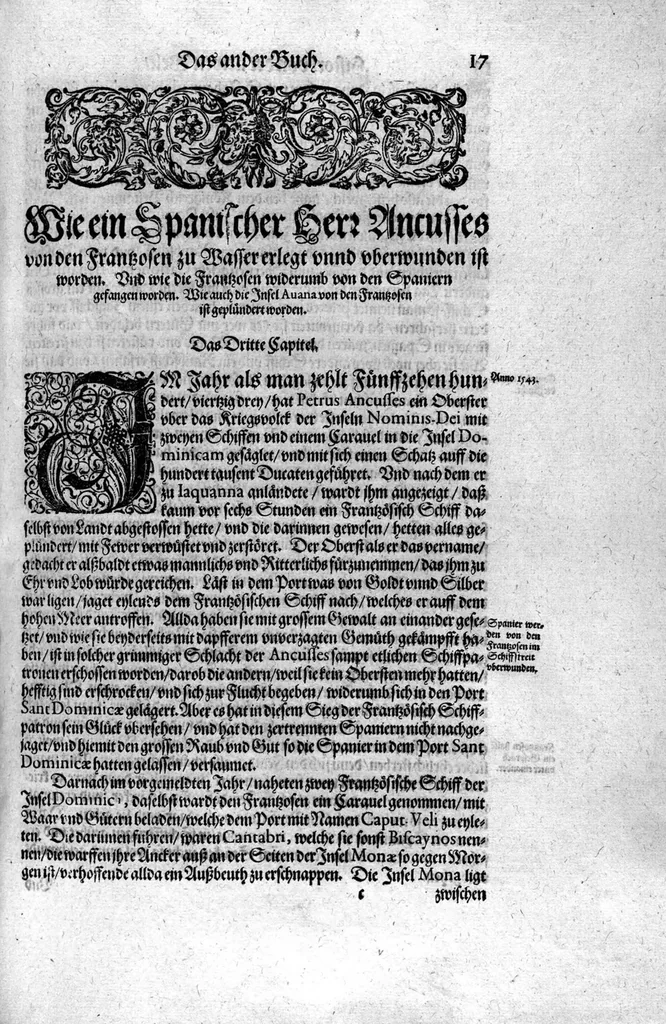 An illustration from Americae das fünffte Buch, vol schöner vnerhörter Historien, auss dem andern Theil Ioannis Benzonis gezogen: von der Spanier Wüten, beyd wider ... die Nigriten, vnnd auch die ... Indianer: wie die Spanier von den frantzösischen Meerräubern ... angriffen vnd geplündert worden ... wie sie erstlich das Neuwe Spanien erfunden haben ... Sampt ... Erklärung der Historien ... Auch einer Landtafel, dess Neuwen Spanien, 1613, leaf 22