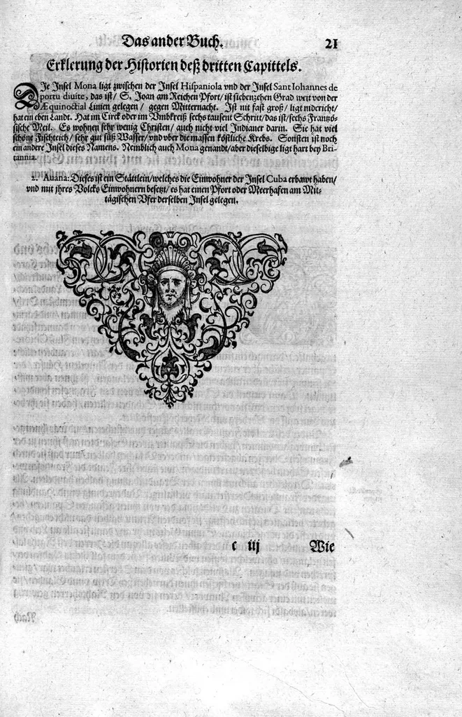 An illustration from Americae das fünffte Buch, vol schöner vnerhörter Historien, auss dem andern Theil Ioannis Benzonis gezogen: von der Spanier Wüten, beyd wider ... die Nigriten, vnnd auch die ... Indianer: wie die Spanier von den frantzösischen Meerräubern ... angriffen vnd geplündert worden ... wie sie erstlich das Neuwe Spanien erfunden haben ... Sampt ... Erklärung der Historien ... Auch einer Landtafel, dess Neuwen Spanien, 1613, leaf 26