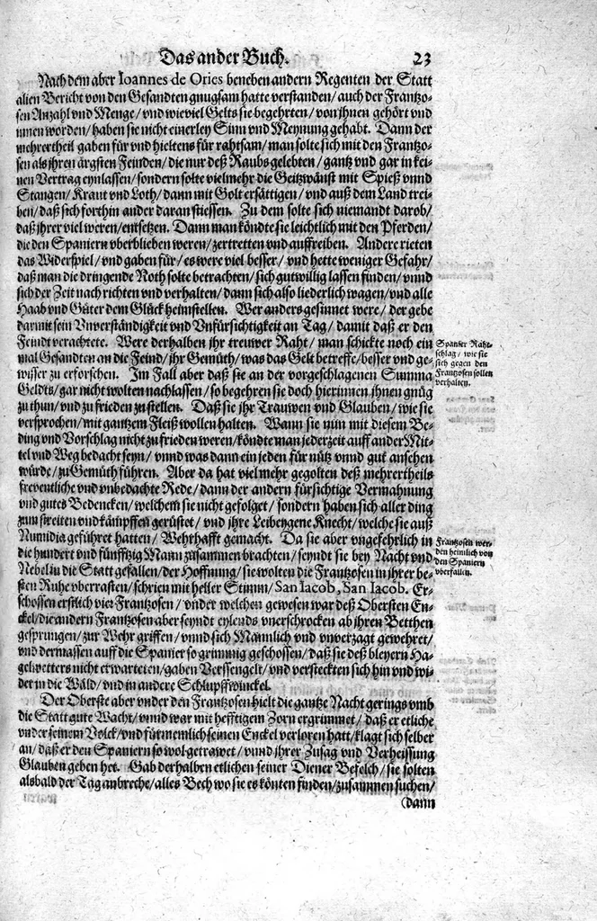 An illustration from Americae das fünffte Buch, vol schöner vnerhörter Historien, auss dem andern Theil Ioannis Benzonis gezogen: von der Spanier Wüten, beyd wider ... die Nigriten, vnnd auch die ... Indianer: wie die Spanier von den frantzösischen Meerräubern ... angriffen vnd geplündert worden ... wie sie erstlich das Neuwe Spanien erfunden haben ... Sampt ... Erklärung der Historien ... Auch einer Landtafel, dess Neuwen Spanien, 1613, leaf 28