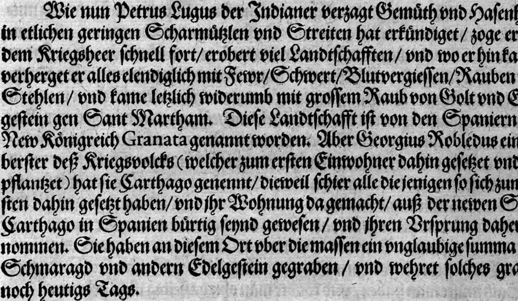 An illustration from Americae das fünffte Buch, vol schöner vnerhörter Historien, auss dem andern Theil Ioannis Benzonis gezogen: von der Spanier Wüten, beyd wider ... die Nigriten, vnnd auch die ... Indianer: wie die Spanier von den frantzösischen Meerräubern ... angriffen vnd geplündert worden ... wie sie erstlich das Neuwe Spanien erfunden haben ... Sampt ... Erklärung der Historien ... Auch einer Landtafel, dess Neuwen Spanien, 1613, leaf 35