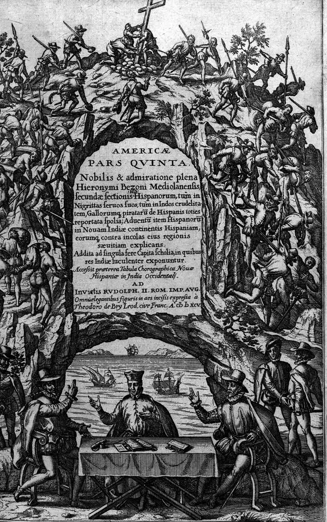 An illustration from Americae das fünffte Buch, vol schöner vnerhörter Historien, auss dem andern Theil Ioannis Benzonis gezogen: von der Spanier Wüten, beyd wider ... die Nigriten, vnnd auch die ... Indianer: wie die Spanier von den frantzösischen Meerräubern ... angriffen vnd geplündert worden ... wie sie erstlich das Neuwe Spanien erfunden haben ... Sampt ... Erklärung der Historien ... Auch einer Landtafel, dess Neuwen Spanien, 1613, leaf 4