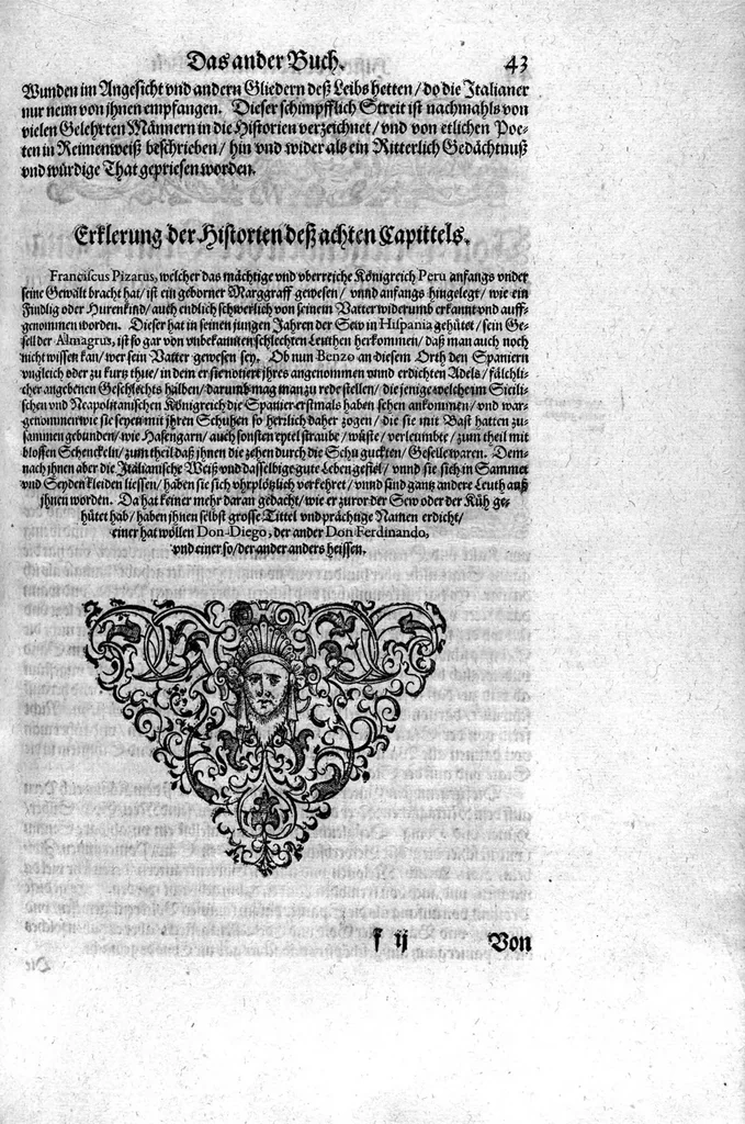 An illustration from Americae das fünffte Buch, vol schöner vnerhörter Historien, auss dem andern Theil Ioannis Benzonis gezogen: von der Spanier Wüten, beyd wider ... die Nigriten, vnnd auch die ... Indianer: wie die Spanier von den frantzösischen Meerräubern ... angriffen vnd geplündert worden ... wie sie erstlich das Neuwe Spanien erfunden haben ... Sampt ... Erklärung der Historien ... Auch einer Landtafel, dess Neuwen Spanien, 1613, leaf 48