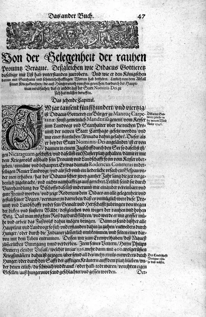 An illustration from Americae das fünffte Buch, vol schöner vnerhörter Historien, auss dem andern Theil Ioannis Benzonis gezogen: von der Spanier Wüten, beyd wider ... die Nigriten, vnnd auch die ... Indianer: wie die Spanier von den frantzösischen Meerräubern ... angriffen vnd geplündert worden ... wie sie erstlich das Neuwe Spanien erfunden haben ... Sampt ... Erklärung der Historien ... Auch einer Landtafel, dess Neuwen Spanien, 1613, leaf 52