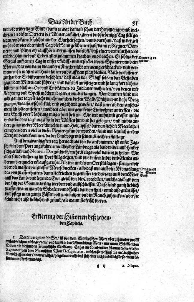 An illustration from Americae das fünffte Buch, vol schöner vnerhörter Historien, auss dem andern Theil Ioannis Benzonis gezogen: von der Spanier Wüten, beyd wider ... die Nigriten, vnnd auch die ... Indianer: wie die Spanier von den frantzösischen Meerräubern ... angriffen vnd geplündert worden ... wie sie erstlich das Neuwe Spanien erfunden haben ... Sampt ... Erklärung der Historien ... Auch einer Landtafel, dess Neuwen Spanien, 1613, leaf 56