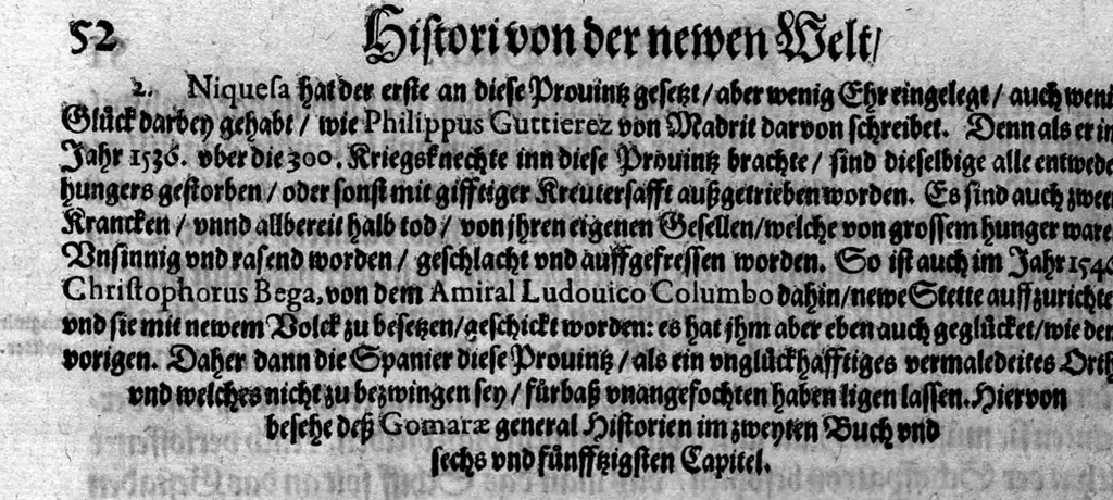 An illustration from Americae das fünffte Buch, vol schöner vnerhörter Historien, auss dem andern Theil Ioannis Benzonis gezogen: von der Spanier Wüten, beyd wider ... die Nigriten, vnnd auch die ... Indianer: wie die Spanier von den frantzösischen Meerräubern ... angriffen vnd geplündert worden ... wie sie erstlich das Neuwe Spanien erfunden haben ... Sampt ... Erklärung der Historien ... Auch einer Landtafel, dess Neuwen Spanien, 1613, leaf 57