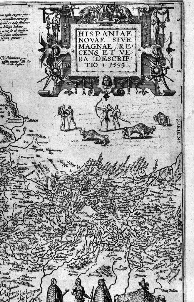 An illustration from Americae das fünffte Buch, vol schöner vnerhörter Historien, auss dem andern Theil Ioannis Benzonis gezogen: von der Spanier Wüten, beyd wider ... die Nigriten, vnnd auch die ... Indianer: wie die Spanier von den frantzösischen Meerräubern ... angriffen vnd geplündert worden ... wie sie erstlich das Neuwe Spanien erfunden haben ... Sampt ... Erklärung der Historien ... Auch einer Landtafel, dess Neuwen Spanien, 1613, leaf 6