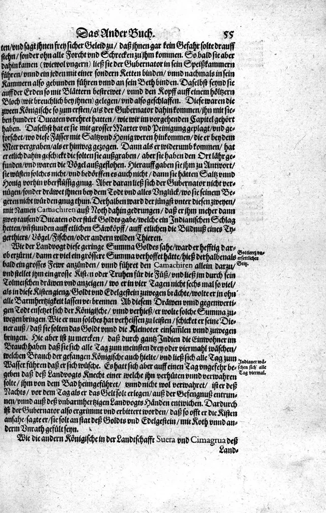 An illustration from Americae das fünffte Buch, vol schöner vnerhörter Historien, auss dem andern Theil Ioannis Benzonis gezogen: von der Spanier Wüten, beyd wider ... die Nigriten, vnnd auch die ... Indianer: wie die Spanier von den frantzösischen Meerräubern ... angriffen vnd geplündert worden ... wie sie erstlich das Neuwe Spanien erfunden haben ... Sampt ... Erklärung der Historien ... Auch einer Landtafel, dess Neuwen Spanien, 1613, leaf 60