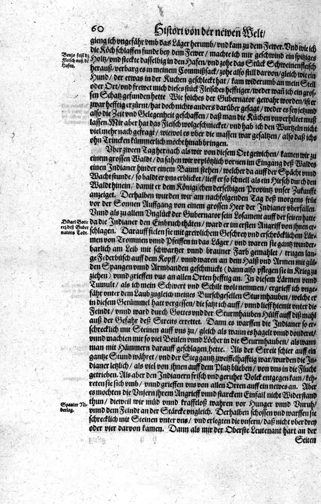 An illustration from Americae das fünffte Buch, vol schöner vnerhörter Historien, auss dem andern Theil Ioannis Benzonis gezogen: von der Spanier Wüten, beyd wider ... die Nigriten, vnnd auch die ... Indianer: wie die Spanier von den frantzösischen Meerräubern ... angriffen vnd geplündert worden ... wie sie erstlich das Neuwe Spanien erfunden haben ... Sampt ... Erklärung der Historien ... Auch einer Landtafel, dess Neuwen Spanien, 1613, leaf 65