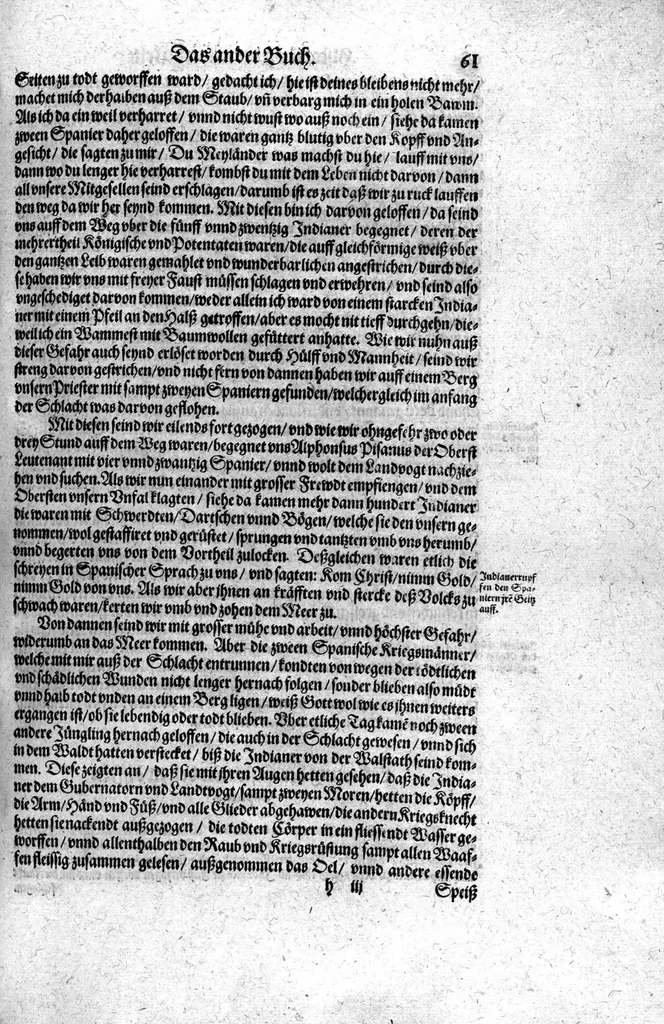 An illustration from Americae das fünffte Buch, vol schöner vnerhörter Historien, auss dem andern Theil Ioannis Benzonis gezogen: von der Spanier Wüten, beyd wider ... die Nigriten, vnnd auch die ... Indianer: wie die Spanier von den frantzösischen Meerräubern ... angriffen vnd geplündert worden ... wie sie erstlich das Neuwe Spanien erfunden haben ... Sampt ... Erklärung der Historien ... Auch einer Landtafel, dess Neuwen Spanien, 1613, leaf 66