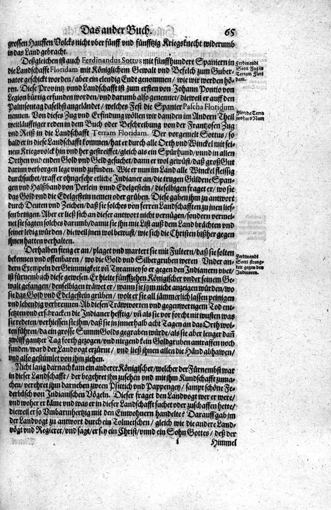 An illustration from Americae das fünffte Buch, vol schöner vnerhörter Historien, auss dem andern Theil Ioannis Benzonis gezogen: von der Spanier Wüten, beyd wider ... die Nigriten, vnnd auch die ... Indianer: wie die Spanier von den frantzösischen Meerräubern ... angriffen vnd geplündert worden ... wie sie erstlich das Neuwe Spanien erfunden haben ... Sampt ... Erklärung der Historien ... Auch einer Landtafel, dess Neuwen Spanien, 1613, leaf 70
