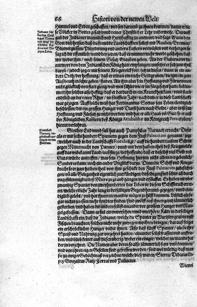 An illustration from Americae das fünffte Buch, vol schöner vnerhörter Historien, auss dem andern Theil Ioannis Benzonis gezogen: von der Spanier Wüten, beyd wider ... die Nigriten, vnnd auch die ... Indianer: wie die Spanier von den frantzösischen Meerräubern ... angriffen vnd geplündert worden ... wie sie erstlich das Neuwe Spanien erfunden haben ... Sampt ... Erklärung der Historien ... Auch einer Landtafel, dess Neuwen Spanien, 1613, leaf 71