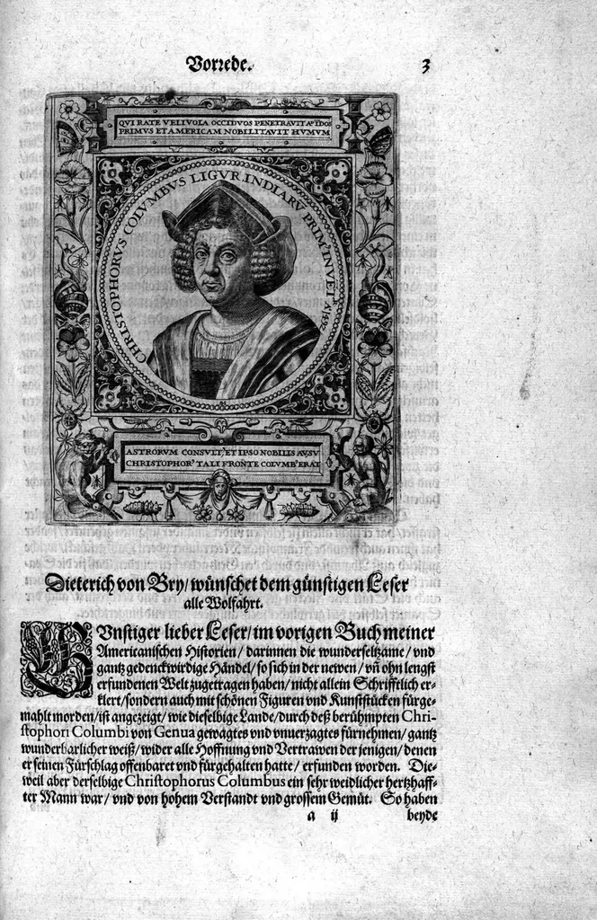 An illustration from Americae das fünffte Buch, vol schöner vnerhörter Historien, auss dem andern Theil Ioannis Benzonis gezogen: von der Spanier Wüten, beyd wider ... die Nigriten, vnnd auch die ... Indianer: wie die Spanier von den frantzösischen Meerräubern ... angriffen vnd geplündert worden ... wie sie erstlich das Neuwe Spanien erfunden haben ... Sampt ... Erklärung der Historien ... Auch einer Landtafel, dess Neuwen Spanien, 1613, leaf 8