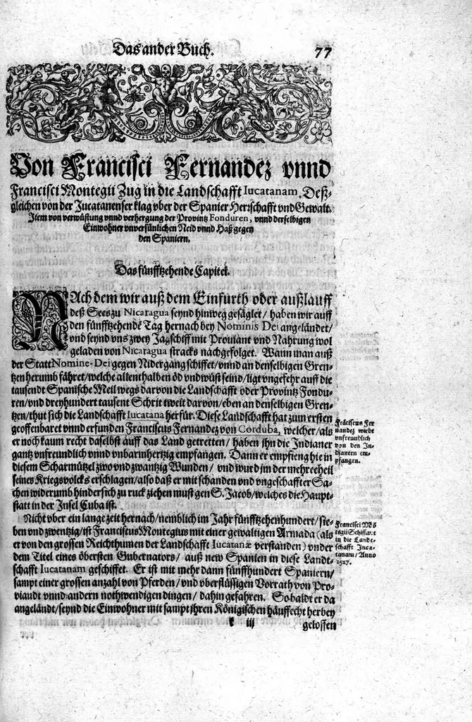An illustration from Americae das fünffte Buch, vol schöner vnerhörter Historien, auss dem andern Theil Ioannis Benzonis gezogen: von der Spanier Wüten, beyd wider ... die Nigriten, vnnd auch die ... Indianer: wie die Spanier von den frantzösischen Meerräubern ... angriffen vnd geplündert worden ... wie sie erstlich das Neuwe Spanien erfunden haben ... Sampt ... Erklärung der Historien ... Auch einer Landtafel, dess Neuwen Spanien, 1613, leaf 82
