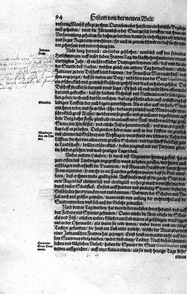 An illustration from Americae das fünffte Buch, vol schöner vnerhörter Historien, auss dem andern Theil Ioannis Benzonis gezogen: von der Spanier Wüten, beyd wider ... die Nigriten, vnnd auch die ... Indianer: wie die Spanier von den frantzösischen Meerräubern ... angriffen vnd geplündert worden ... wie sie erstlich das Neuwe Spanien erfunden haben ... Sampt ... Erklärung der Historien ... Auch einer Landtafel, dess Neuwen Spanien, 1613, leaf 99