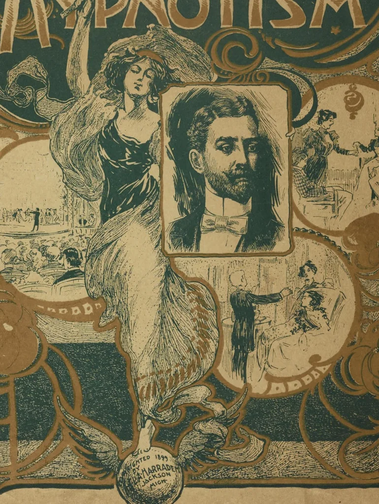 An illustration from Prof. L.A. Harraden's complete mail course of twenty illustrated lessons in hypnotism, 1899, leaf 1