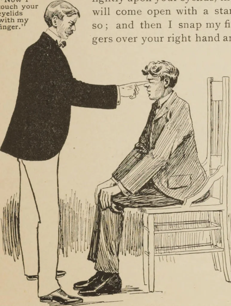 An illustration from Prof. L.A. Harraden's complete mail course of twenty illustrated lessons in hypnotism, 1899, leaf 16