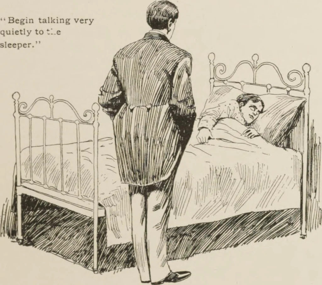 An illustration from Prof. L.A. Harraden's complete mail course of twenty illustrated lessons in hypnotism, 1899, leaf 34