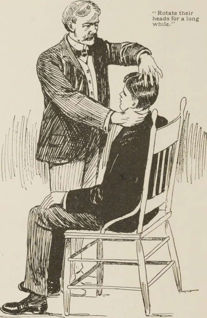 An illustration from Prof. L.A. Harraden's complete mail course of twenty illustrated lessons in hypnotism, 1899, leaf 35