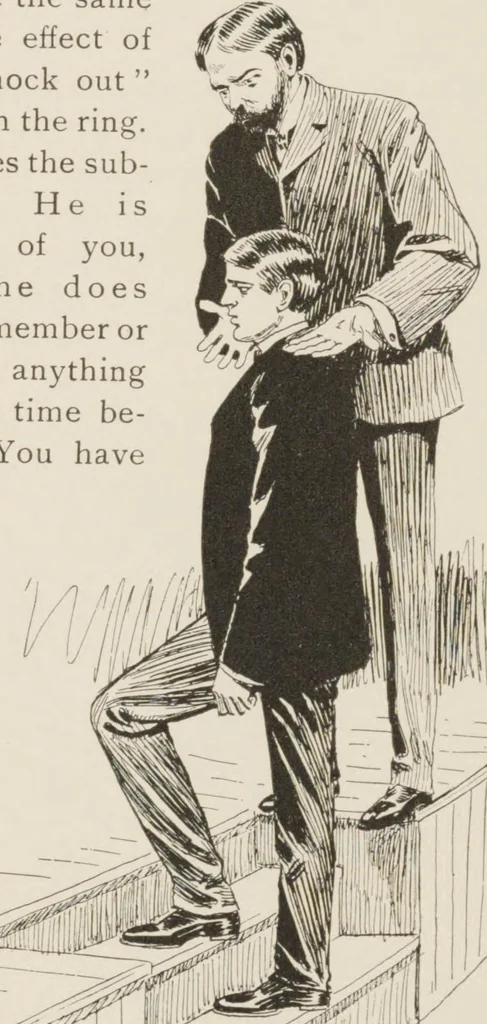 An illustration from Prof. L.A. Harraden's complete mail course of twenty illustrated lessons in hypnotism, 1899, leaf 35