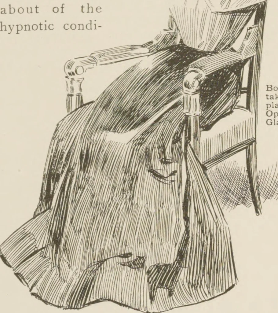 An illustration from Prof. L.A. Harraden's complete mail course of twenty illustrated lessons in hypnotism, 1899, leaf 46