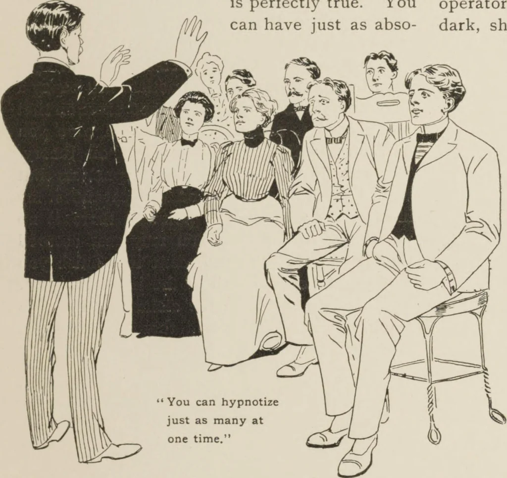 An illustration from Prof. L.A. Harraden's complete mail course of twenty illustrated lessons in hypnotism, 1899, leaf 8