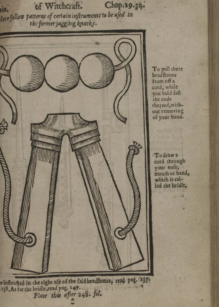 An illustration from Scot's discovery of witchcraft : proving the common opinions of witches contracting with divels, spirits, or familiars, and their power to kill, torment, and consume the bodies of men, women, and children, or other creatures by diseases or otherwise, their flying in the air, &c. to be but imaginary, erronious conceptions and novelties : wherein also the lewde unchristian practices of witchmongers upon aged, melancholy, ignorant, and superstious [sic] people in extorting confessions by inhumane terrors and tortures is notably detected ... : whereunto is added, a treatise upon the nature, and substance of spirits and divels &c, 1651, leaf 279