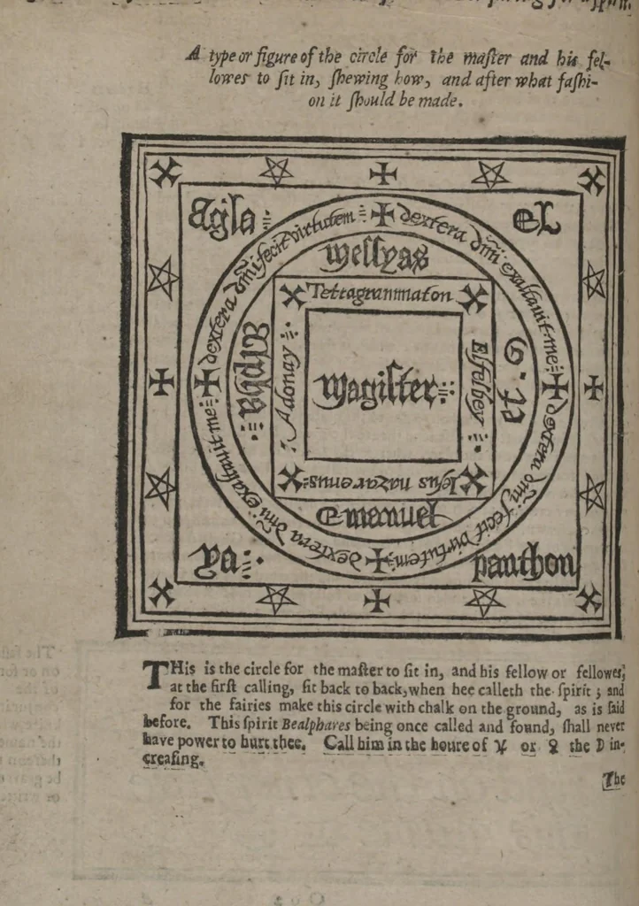 An illustration from Scot's discovery of witchcraft : proving the common opinions of witches contracting with divels, spirits, or familiars, and their power to kill, torment, and consume the bodies of men, women, and children, or other creatures by diseases or otherwise, their flying in the air, &c. to be but imaginary, erronious conceptions and novelties : wherein also the lewde unchristian practices of witchmongers upon aged, melancholy, ignorant, and superstious [sic] people in extorting confessions by inhumane terrors and tortures is notably detected ... : whereunto is added, a treatise upon the nature, and substance of spirits and divels &c, 1651, leaf 334